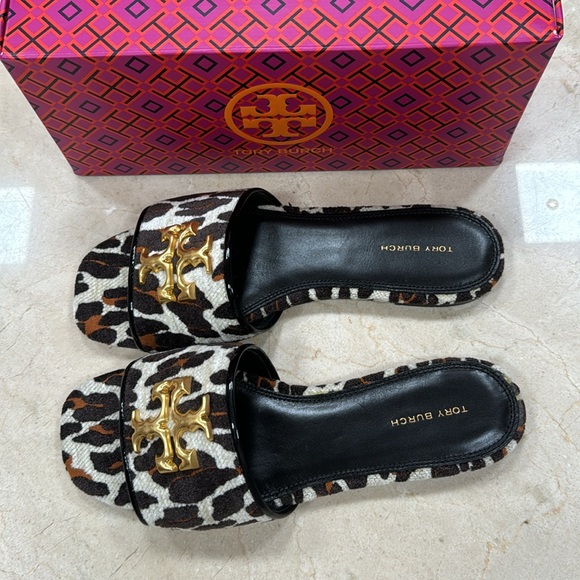 TORY BURCH ELEANOR SLIDE GOAT AND PATENT LEATHER W/LEOPARD PRINT STRAP SIZE 8 - Picture 6 of 13